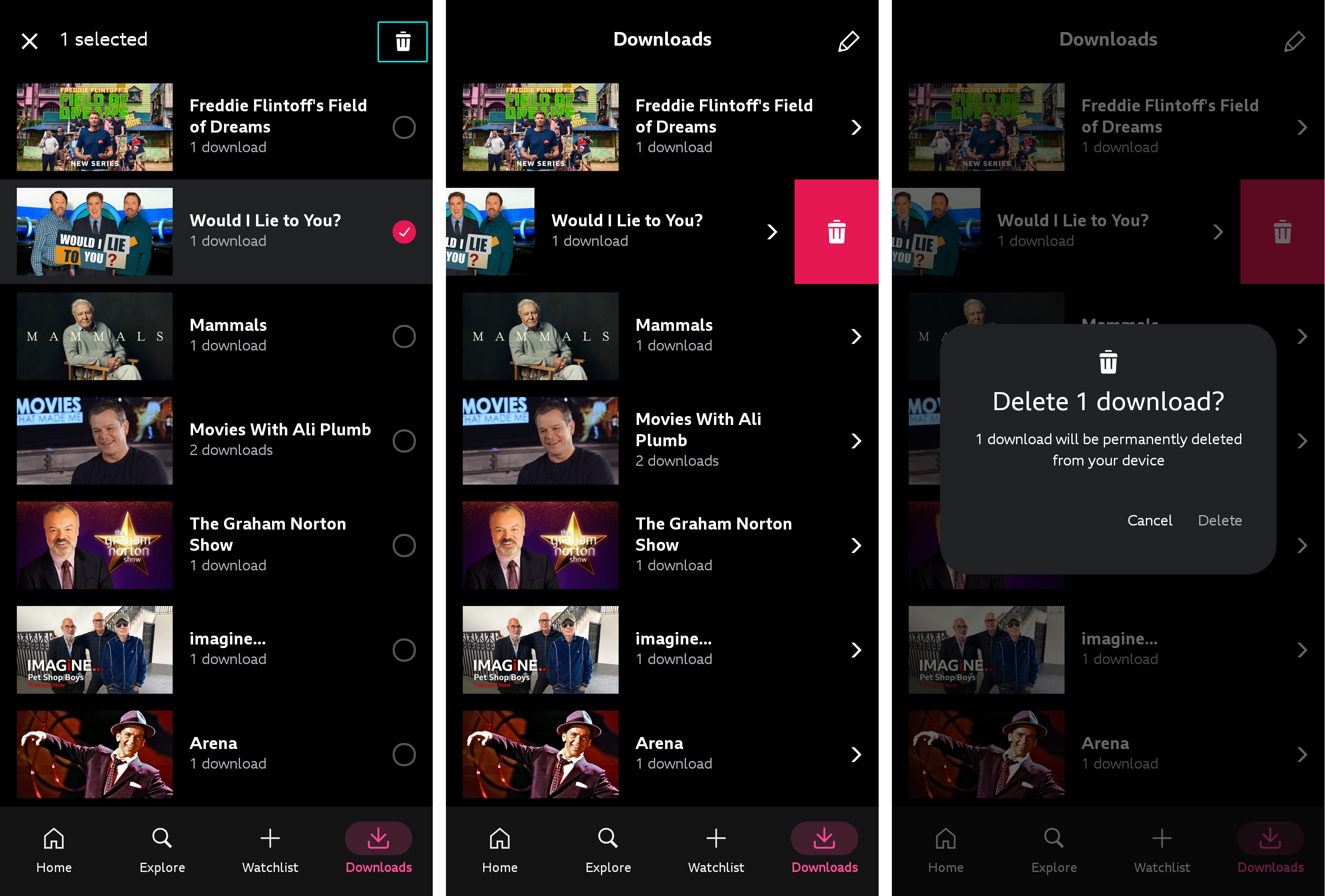 Three images from the iPlayer app. The first shows the download menu with the bin icon highlighted. The second shows the bin icon when the programme is swiped to delete. The third shows the deletion confirmation screen.