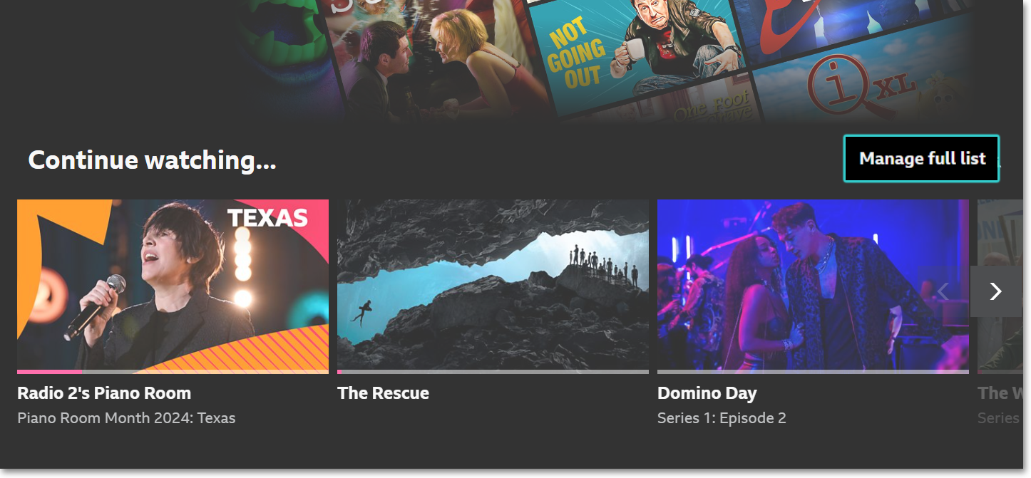 image from the iPlayer website showing the Continue watching list, with 'Manage full list' highlighted