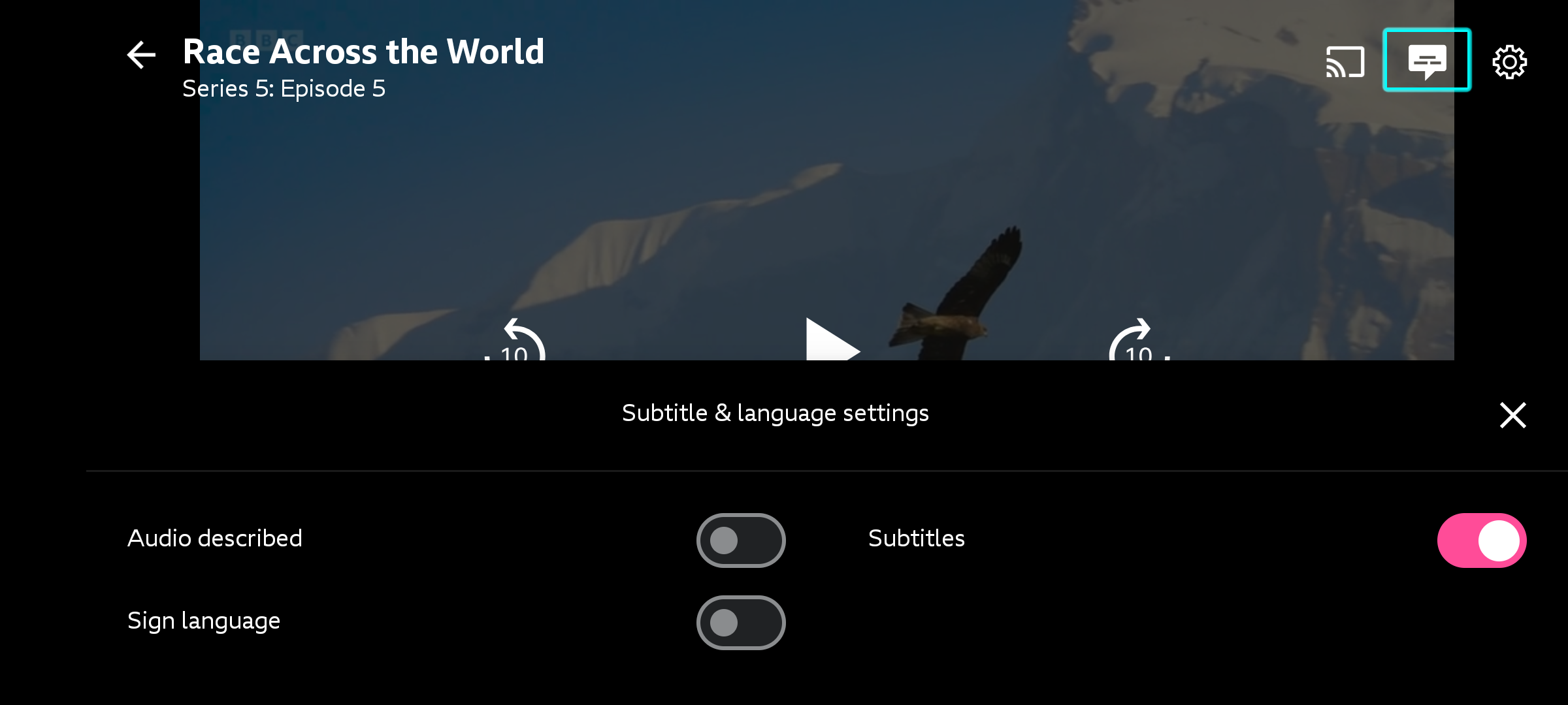 Image of the playback screen on the mobile app with the accessibility menu open. The speech bubble icon is highlighted and subtitles are switched on