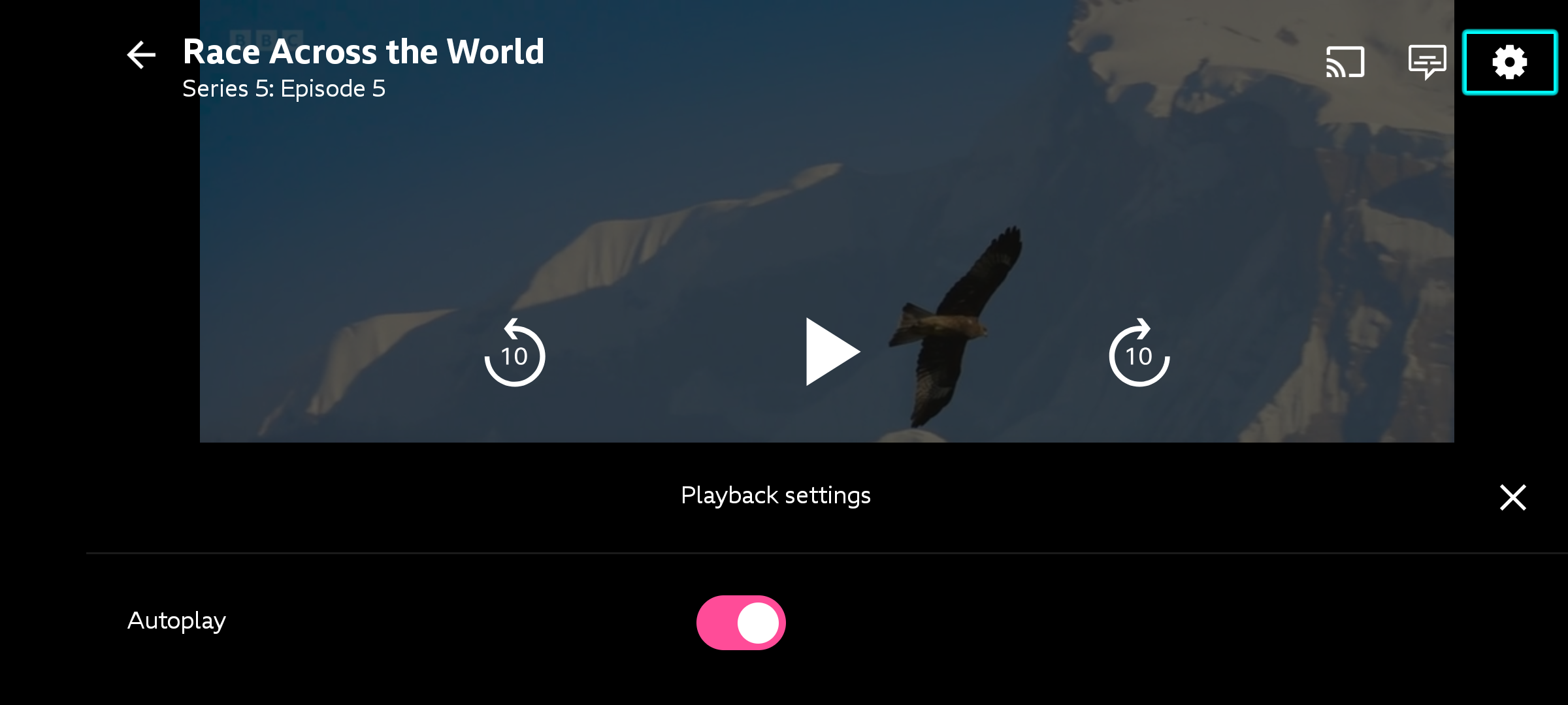 Image of the playback screen on the mobile app with the Settings icon selected and highlighted. The autoplay menu is visible and switched on
