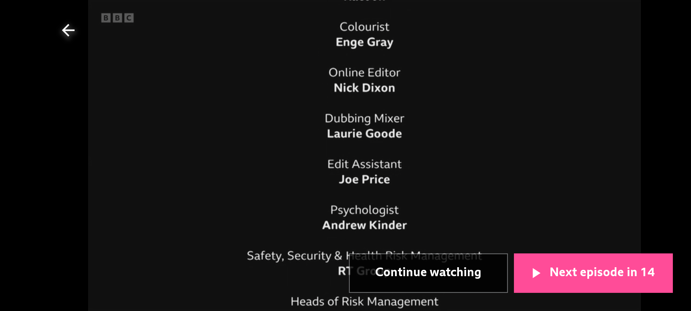 Image of the playback screen on the mobile app showing the autoplay buttons at the end of an episode. The options are to continue watching or to move to the next episode in the series