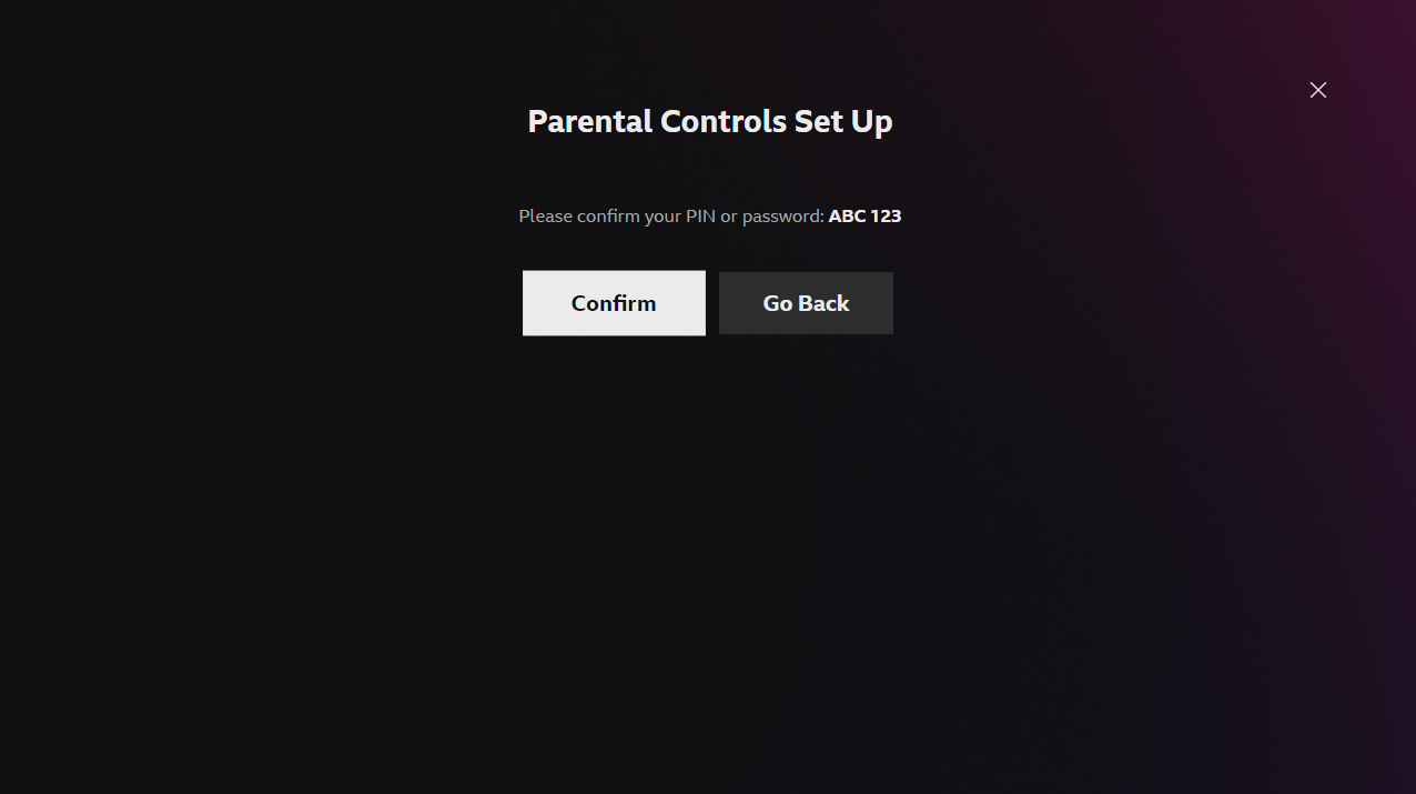 Image of the parental controls confirmation screen on the iPlayer TV app. The new password is displayed and the 'Confirm' button is highlighted