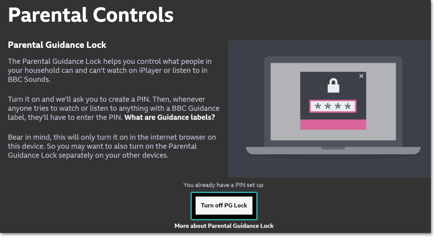 Screenshot of the iPlayer Parental Guidance page on the website with 'Switch off Parental Guidance' highlighted at the bottom
