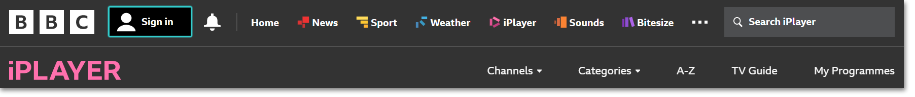 Screenshot of the menu options on the top of the iPlayer website. The sign in button is highlighted