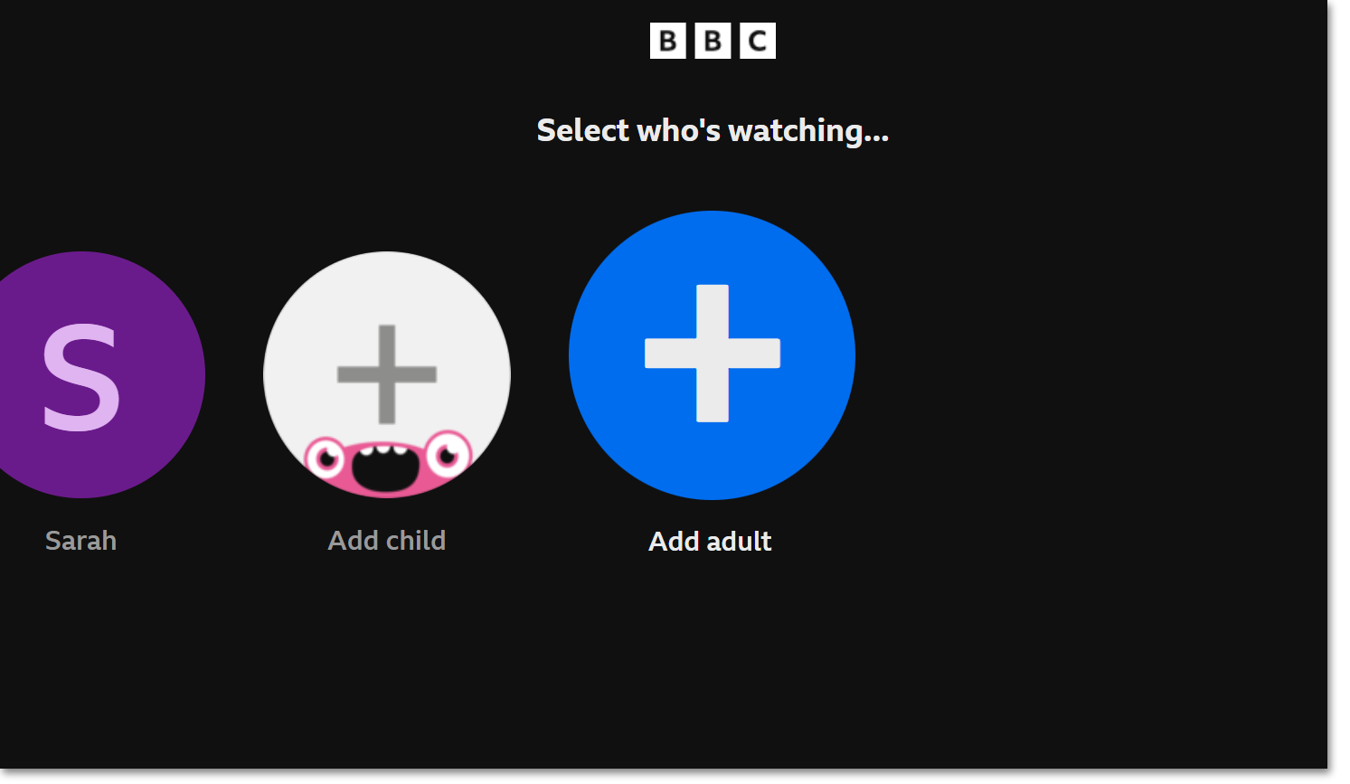 Image of the Select who's watching screen on the TV app. The 'Add adult' icon is highlighted