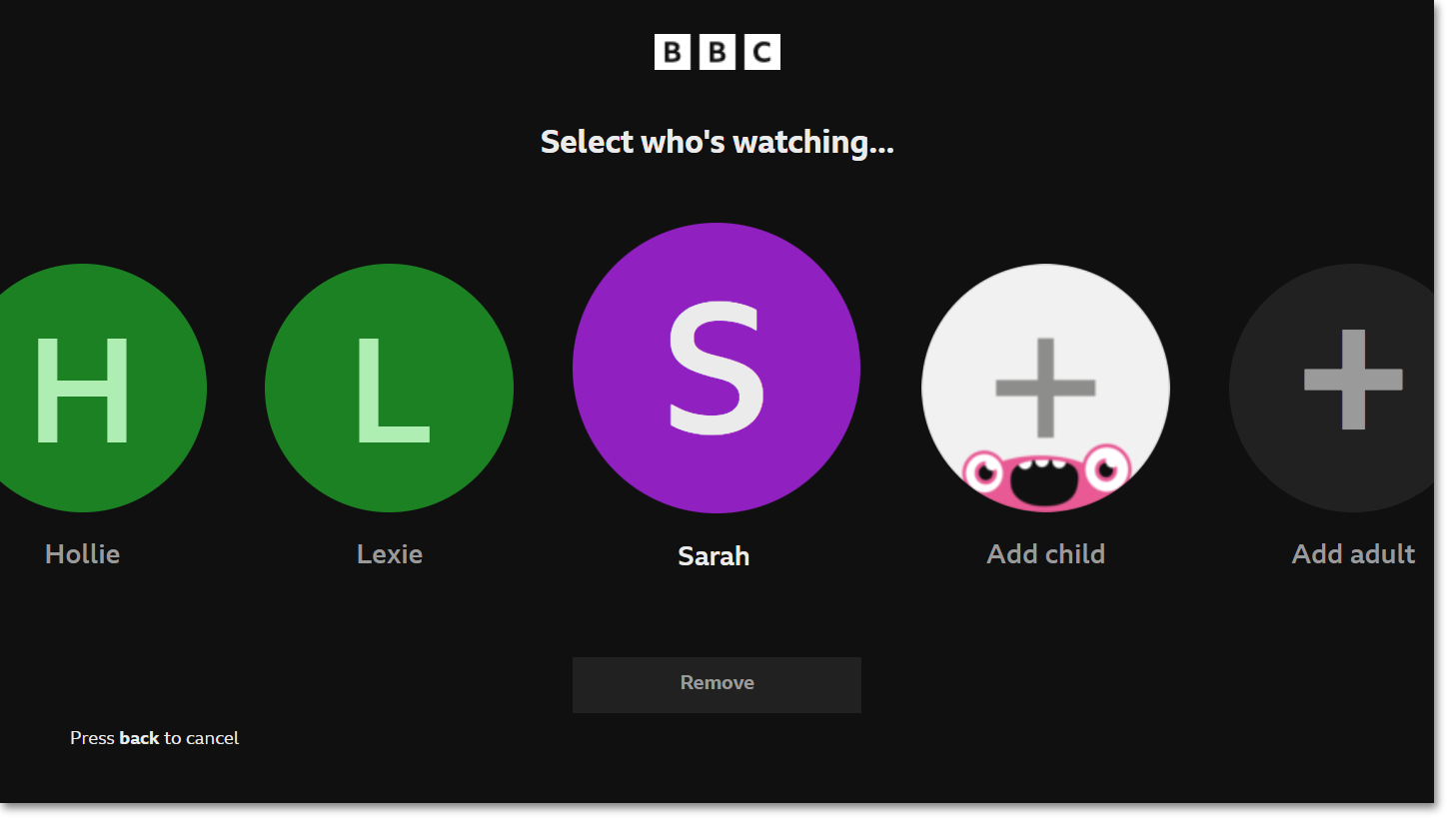 Image of the Select Who's Watching page on the BBC iPlayer TV app. Both Add account and Add child options are visible as well as three signed-in accounts/profiles