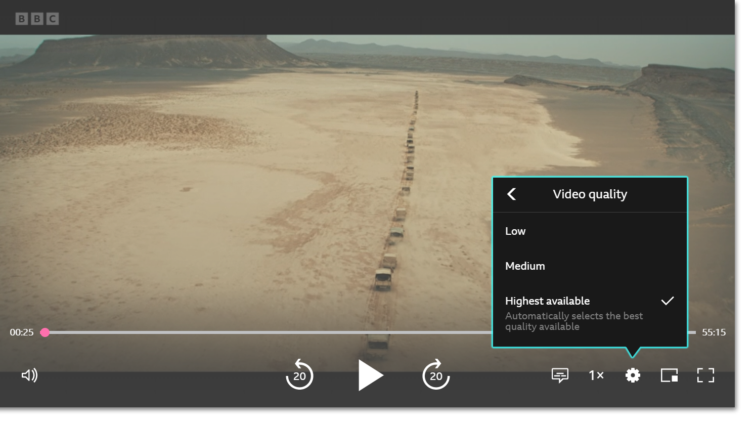 Image showing the playback screen on the BBC iPlayer website. The Settings icon is selected and the video quality options are highlighted