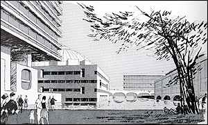 Looking Across the Barbican Lake c. 1959 by Kenneth Browne, courtesy of Chamberlin, Powell and Bon Archives