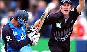 Matthew Hoggard celebrates with team-mates after one of his two wickets 