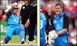 Matthew Hoggard celebrates with team-mates after one of his two wickets 