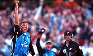 Matthew Hoggard celebrates with team-mates after one of his two wickets 