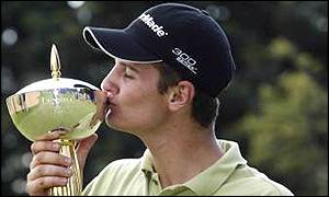 Justin Rose celebrates his maiden tour victory in Johannesburg