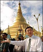 Thai PM Thaksin Shinawatra by Rangoon's Shwedagon Pagoda in June 2001