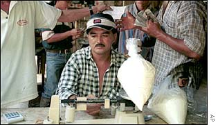 Bags of coca paste, which is then processed into cocaine, are weighed and sold in a coca market in Colombia