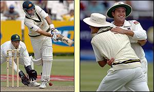 Mark Waugh struggles at Newlands while Andrew Hall celebrates a catch