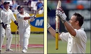 Shane Warne lofts a six at Newlands while Adam Gilchrist milks the applause for his innings