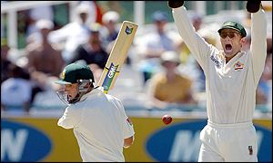 Adam Gilchrist appeals for an lbw against South African batsman Graeme Smith