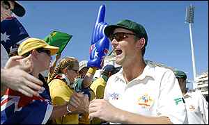 Adam Gilchrist celebrates the series-win with the Australian fans