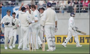 Mark Butcher faces just two balls before he also goes for a duck leaving England at 0-2