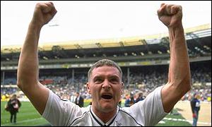 Gascoigne celebrates after his brilliant free-kick helps Spurs beat Arsenal 3-1 to reach the FA Cup final in 1991
