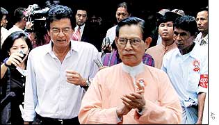 UN special envoy Razali Ismail, left, and NLD opposition member Tin Oo, front right, Rangoon, August 2001