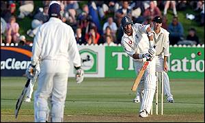 Hussain plays a leg-glance down to third man