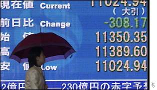 Nikkei board and passer-by on the last day of Japan's fiscal year