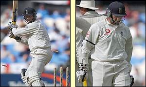 Trescothick unluckily plays onto his stumps after offering a leaving shot