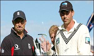 Captains Nasser Hussain and Stephen Fleming both get their hands on the trophy