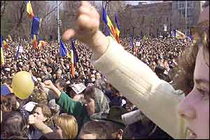 A Moldovan student gives her opinion during the protests