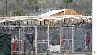 Prisoners clad in orange jumpsuits at Camp X-Ray