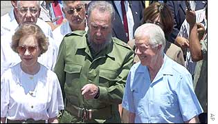 Rosalynn Carter (L), Fidel Castro (C) and Jimmy Carter (R)