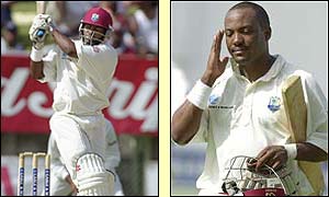 Brian Lara plays the ball away to the leg side before being dismissed for 35 runs