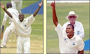 West Indies fast bowlers Pedro Collins and Mervyn Dillon appeal for Indian wickets