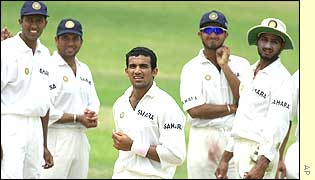 India await the third umpire's ruling on whether they have dismissed Cameron Cuffy