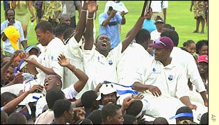 The West Indies players are held aloft at Sabina Park in Kingston, Jamaica