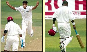 India's Ashish Nehra snares Brain Lara as he faces the walk back to the clubhouse