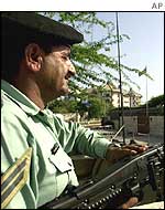 A soldier guards the British Embassy in Islamabad