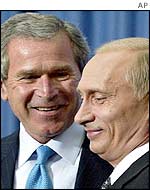President Bush and President Putin during a question and answer session