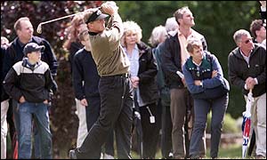 Scotland's Colin Montgomerie drives at the first