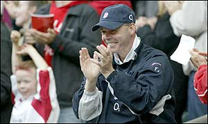 England coach Clive Woodward applauds from the stands 