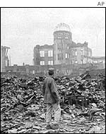 A man amid the devastation left by the nuclear bomb in Hiroshima, 1945