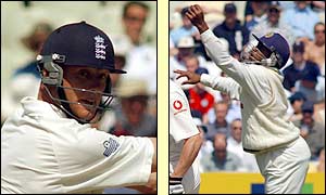 Andrew Flintoff (left) is caught by Hashan Tillakaratne