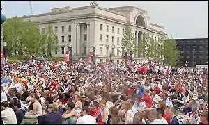 Fans in Centenary Square, Birmingham 
