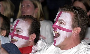 Fans at Budweiser House, Chelsea, celebrate England's goal