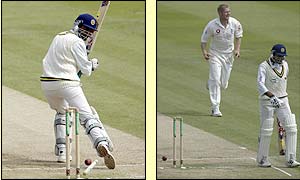 Left, Sri Lanka's Marvin Attapattu looks on as his stumps are re-arranged by a delivery from Matthew Hoggard, right, Hoggard celebrates his wicket