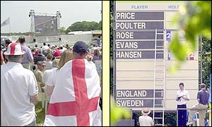 Fans watch intently on the big screen and those on the course watch the leaderboard invaded by the England Sweden scoreline