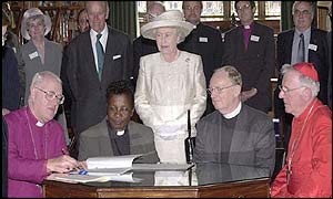 The Queen and Duke of Edinburgh with (left to right) Archbishop of Canterbury Dr George Carey, Dr Esme Beswick, Dr Tony Burnham and Cardinal Cormack Murphy-O'Connor,