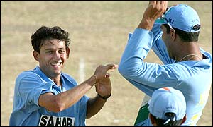 Ajit Agarkar celebrates another West Indian wicket