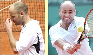 Andre Agassi shows his disappointment and determination at Roland Garros